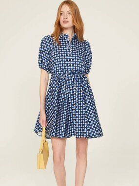 Kate Spade Blue Geometric Print Shirt Dress | Puff Sleeve | Size M